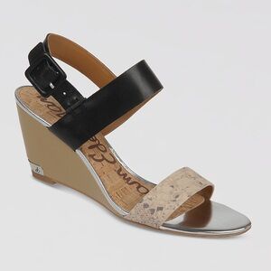 Sam Edelman Black and Beige Cork Wedge Sandals